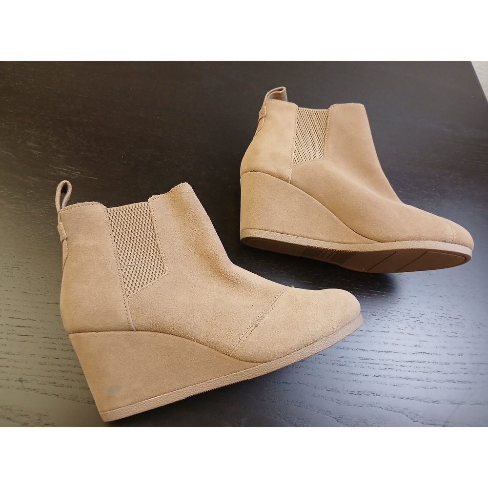 TOMS Leila Tan Suede Wedge Ankle Booties Womens 6.5 Pull On Round Toe Boots - Picture 2 of 13